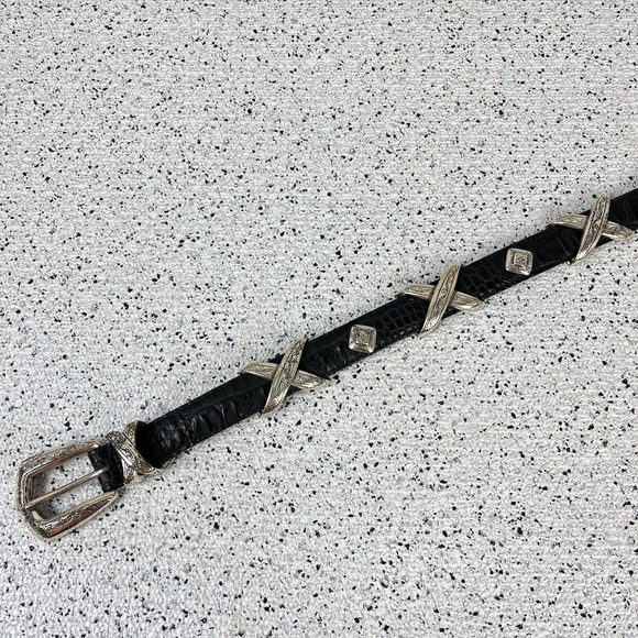 Vtg Brighton Croc Embossed Leather Belt Womens M Black Silver Tone Concho 46923 main image 4